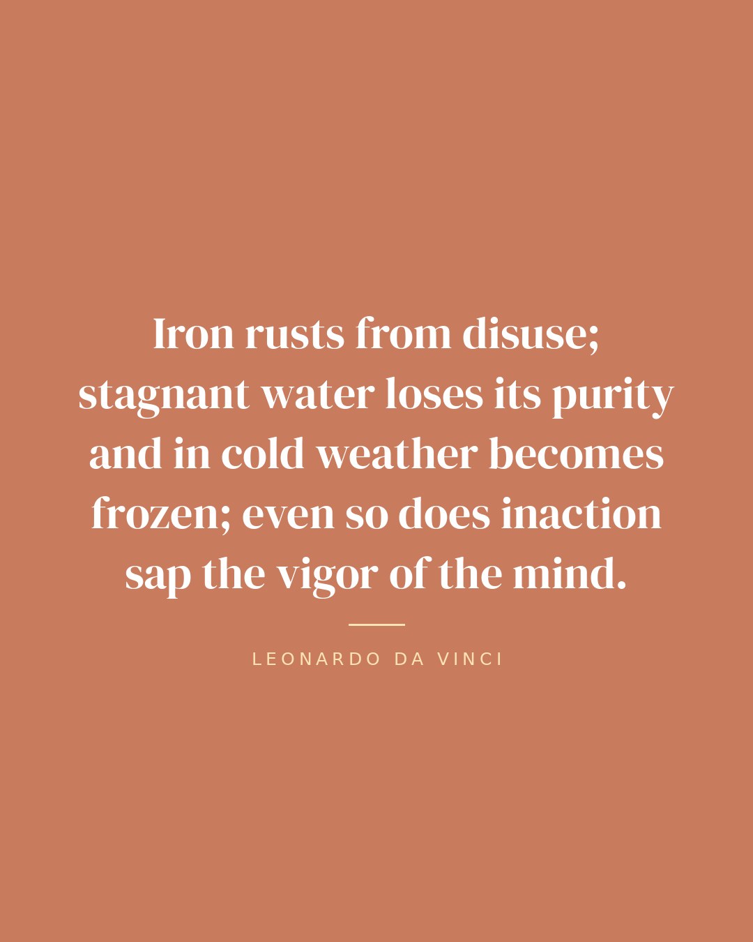Iron rusts from disuse; stagnant water loses its purity and in cold weather becomes frozen; even so does inaction sap the vigor of the mind. — Leonardo da Vinci