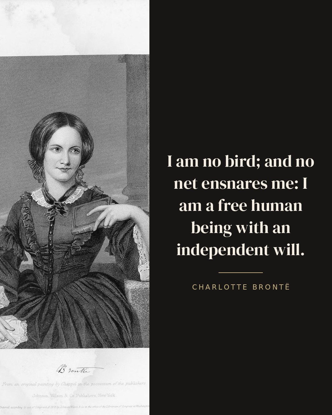 I am no bird; and no net ensnares me: I am a free human being with an independent will. — Charlotte Brontë quote card