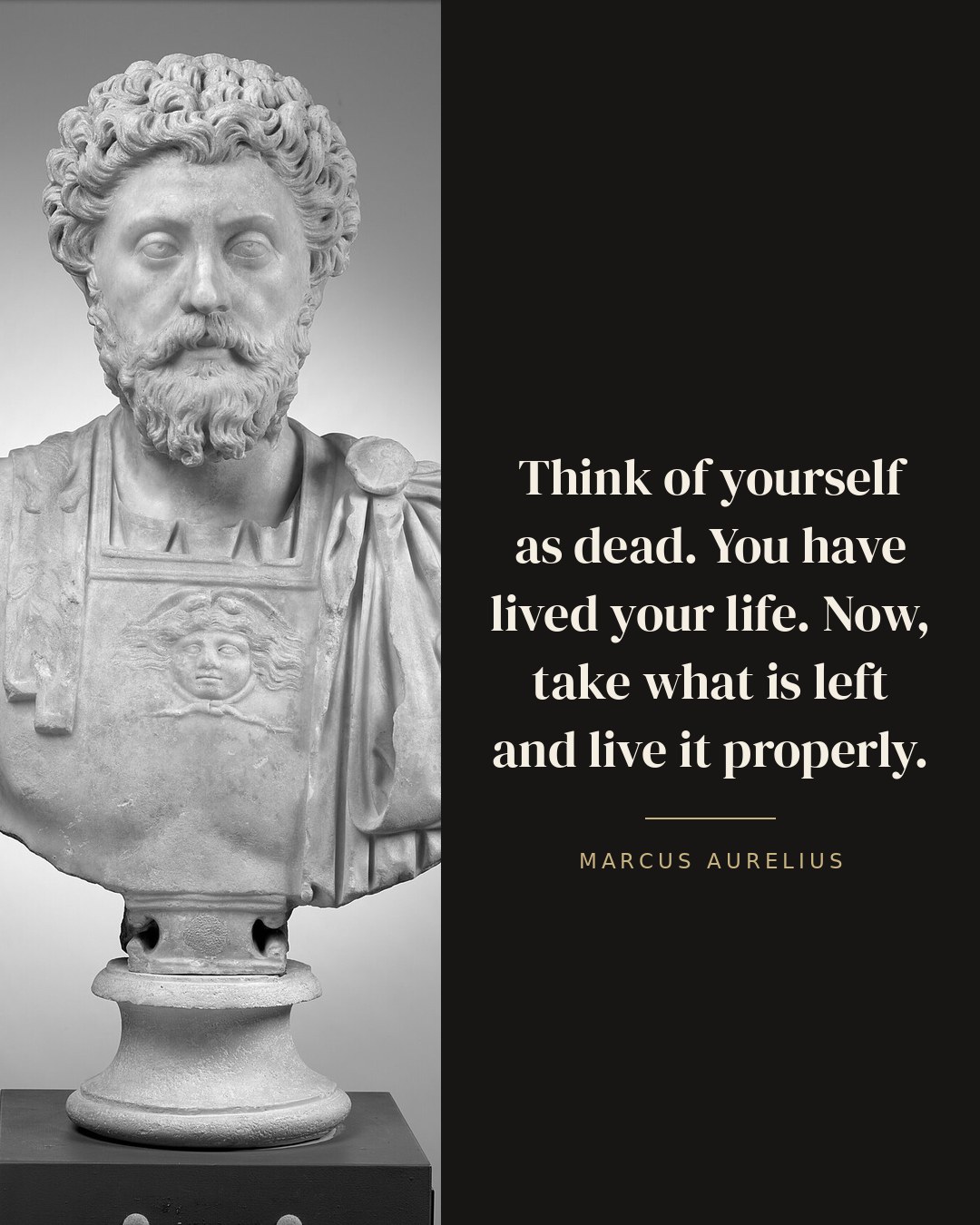 Think of yourself as dead. You have lived your life. Now, take what is left and live it properly. — Marcus Aurelius quote card