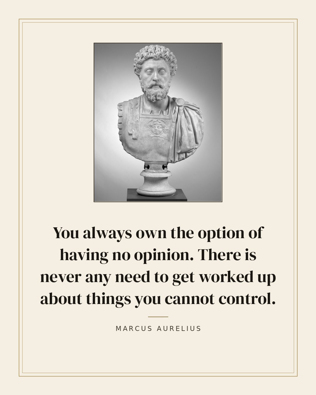 You always own the option of having no opinion. There is never any need to get worked up about things you cannot control. — Marcus Aurelius quote card