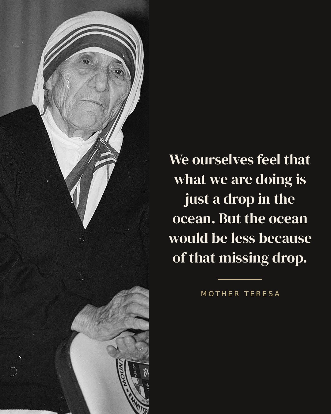 We ourselves feel that what we are doing is just a drop in the ocean. But the ocean would be less because of that missing drop. — Mother Teresa