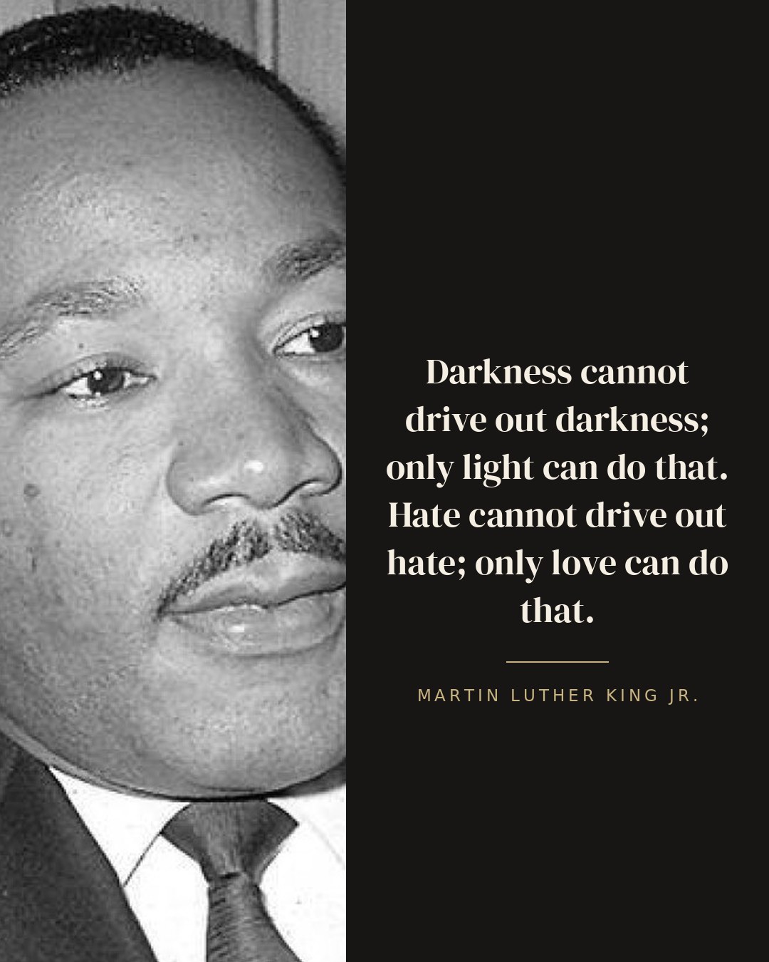 Darkness cannot drive out darkness; only light can do that. Hate cannot drive out hate; only love can do that. — Martin Luther King Jr.