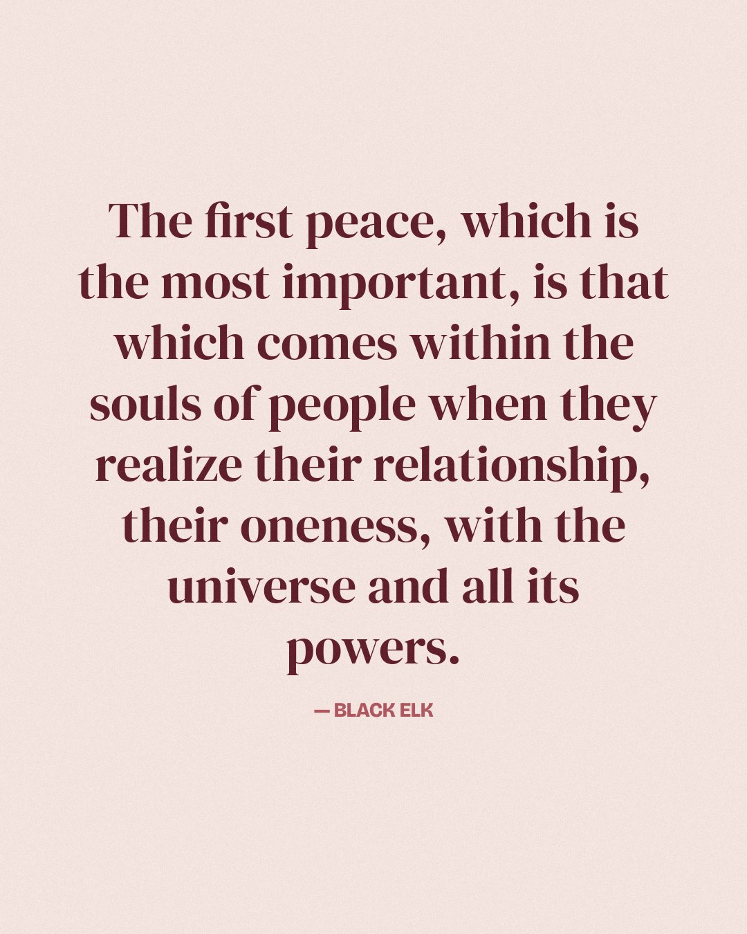 The first peace, which is the most important, is that which comes within the souls of people when they realize their relationship, their oneness, with the universe and all its powers. — Black Elk