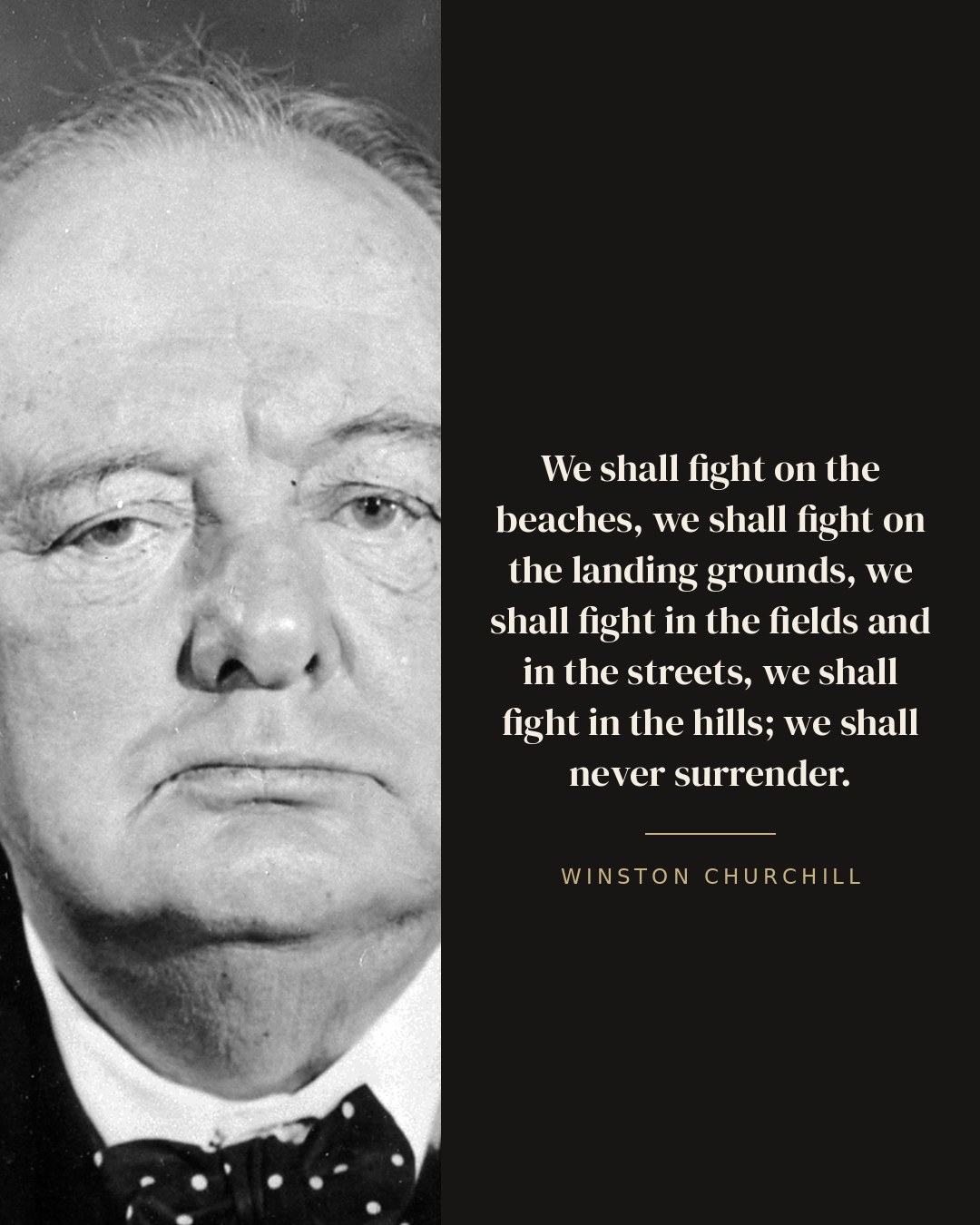 We shall fight on the beaches, we shall fight on the landing grounds, we shall fight in the fields and in the streets, we shall fight in the hills; we shall never surrender. — Winston Churchill